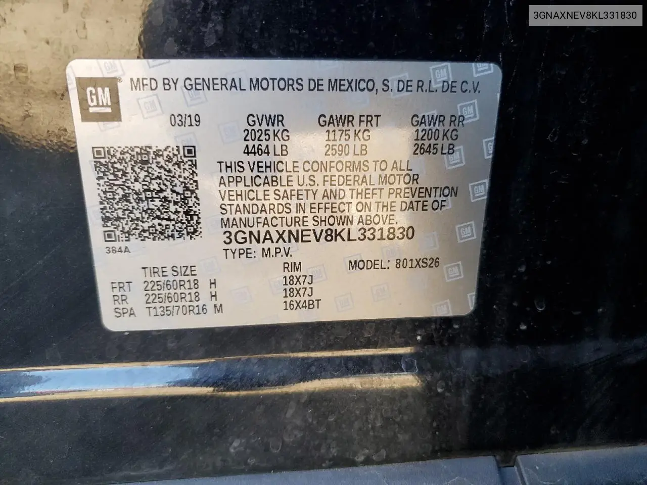 3GNAXNEV8KL331830 2019 Chevrolet Equinox Premier