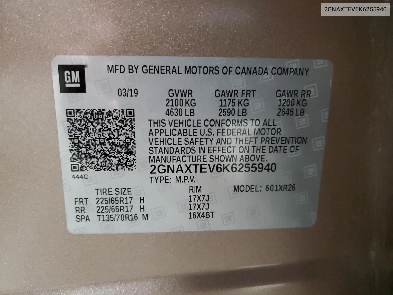 2GNAXTEV6K6255940 2019 Chevrolet Equinox Lt