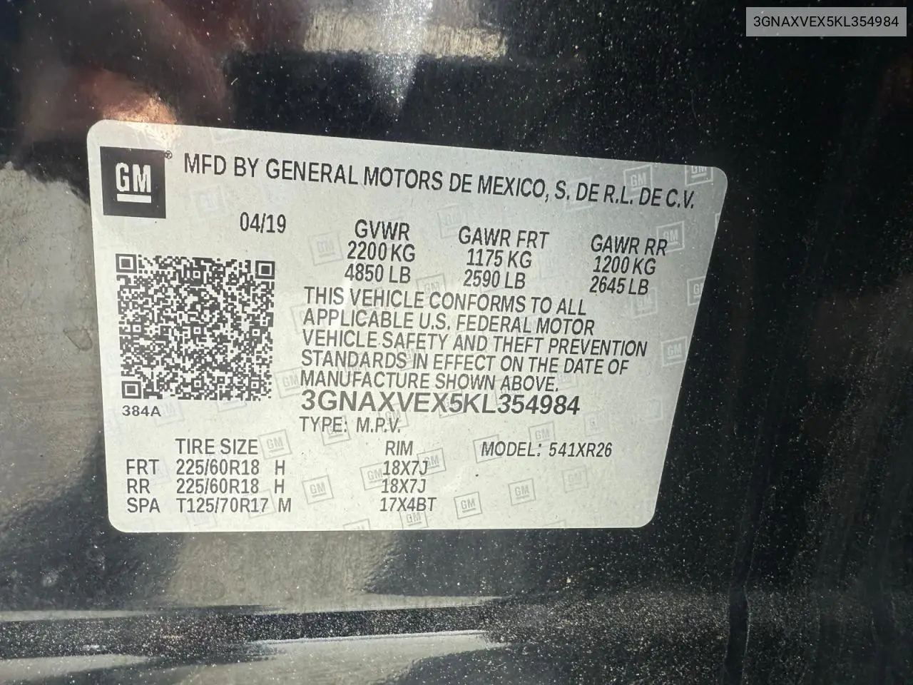 3GNAXVEX5KL354984 2019 Chevrolet Equinox Lt