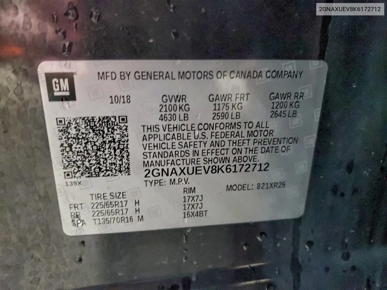2GNAXUEV8K6172712 2019 Chevrolet Equinox Lt