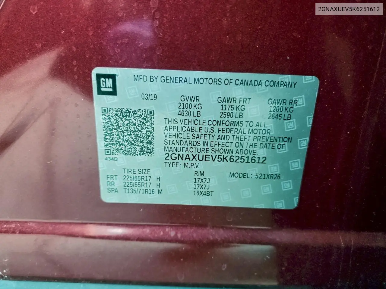 2GNAXUEV5K6251612 2019 Chevrolet Equinox Lt