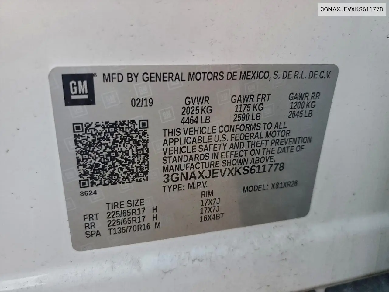 3GNAXJEVXKS611778 2019 Chevrolet Equinox Lt