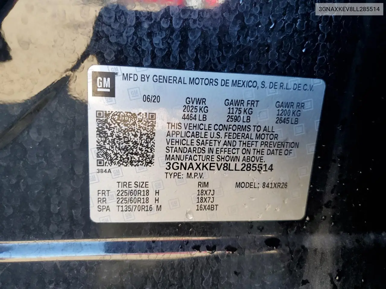 3GNAXKEV8LL285514 2020 Chevrolet Equinox Lt