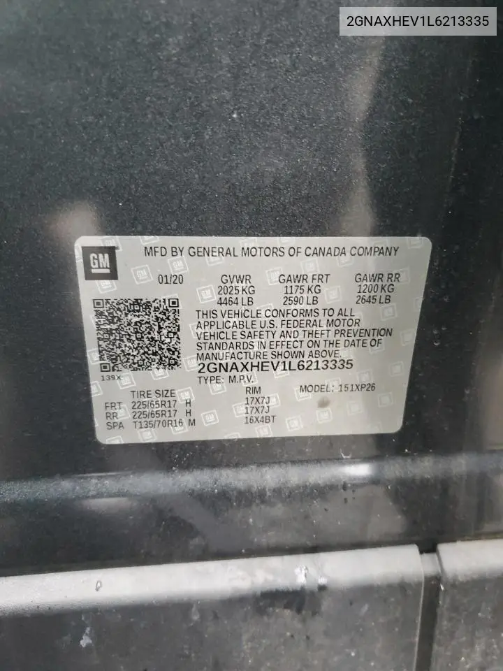 2GNAXHEV1L6213335 2020 Chevrolet Equinox Ls