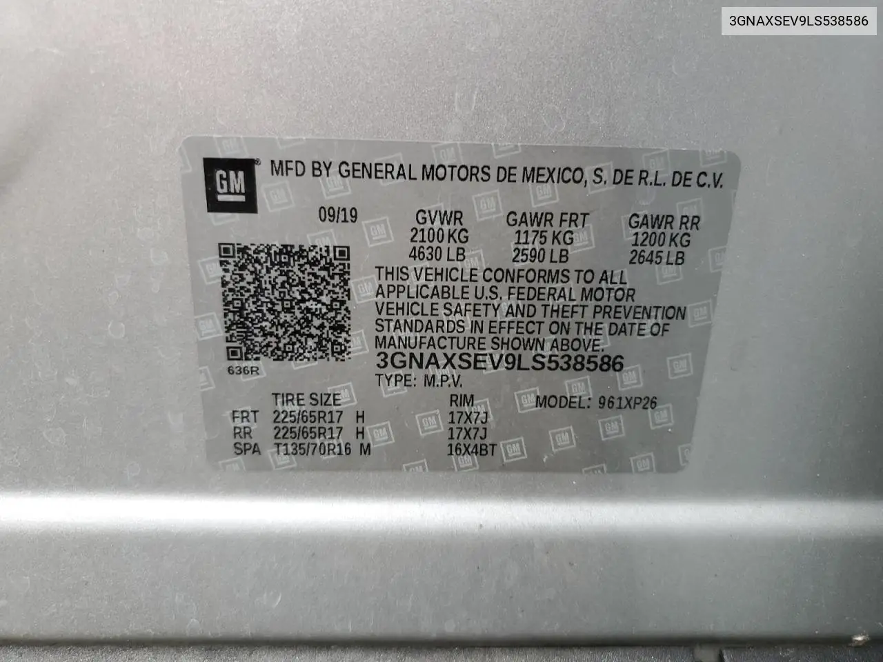 3GNAXSEV9LS538586 2020 Chevrolet Equinox Ls