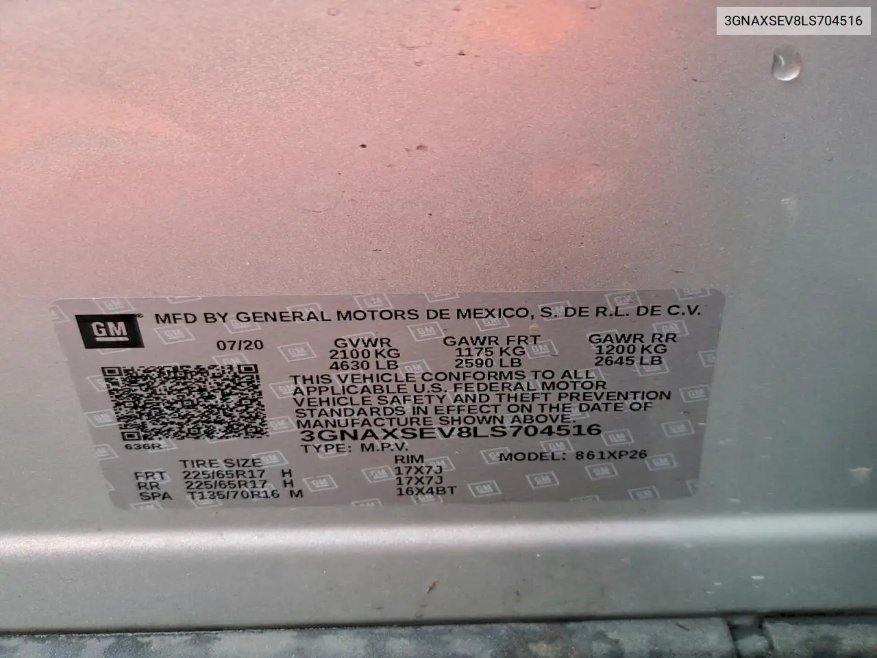 3GNAXSEV8LS704516 2020 Chevrolet Equinox Ls