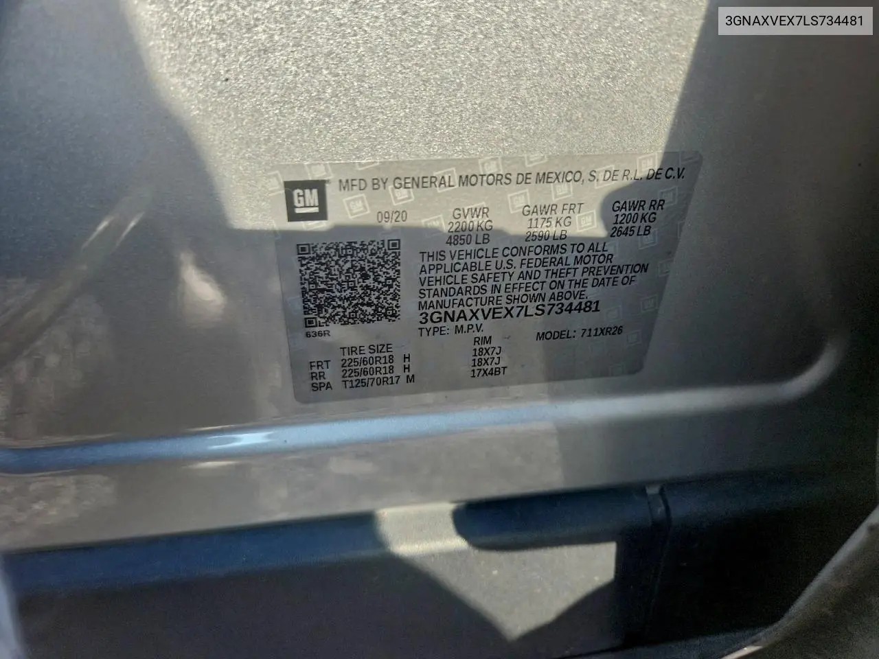 3GNAXVEX7LS734481 2020 Chevrolet Equinox Lt