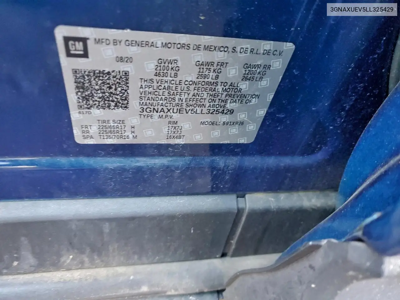 3GNAXUEV5LL325429 2020 Chevrolet Equinox Lt