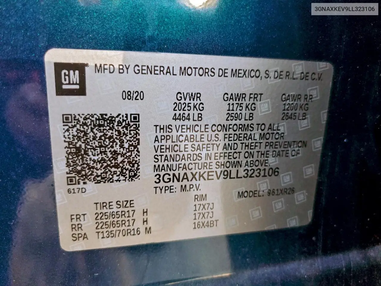 3GNAXKEV9LL323106 2020 Chevrolet Equinox Lt