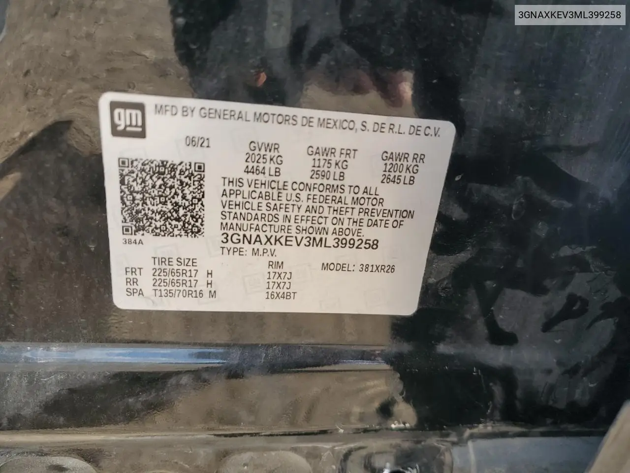 3GNAXKEV3ML399258 2021 Chevrolet Equinox Lt