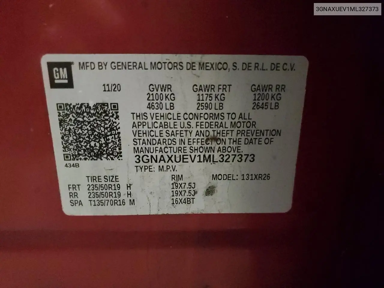 3GNAXUEV1ML327373 2021 Chevrolet Equinox Lt