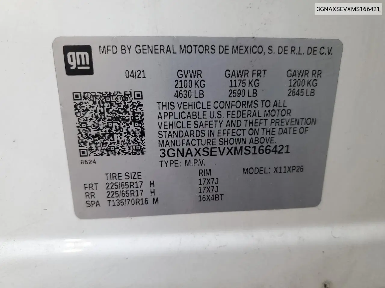3GNAXSEVXMS166421 2021 Chevrolet Equinox Ls