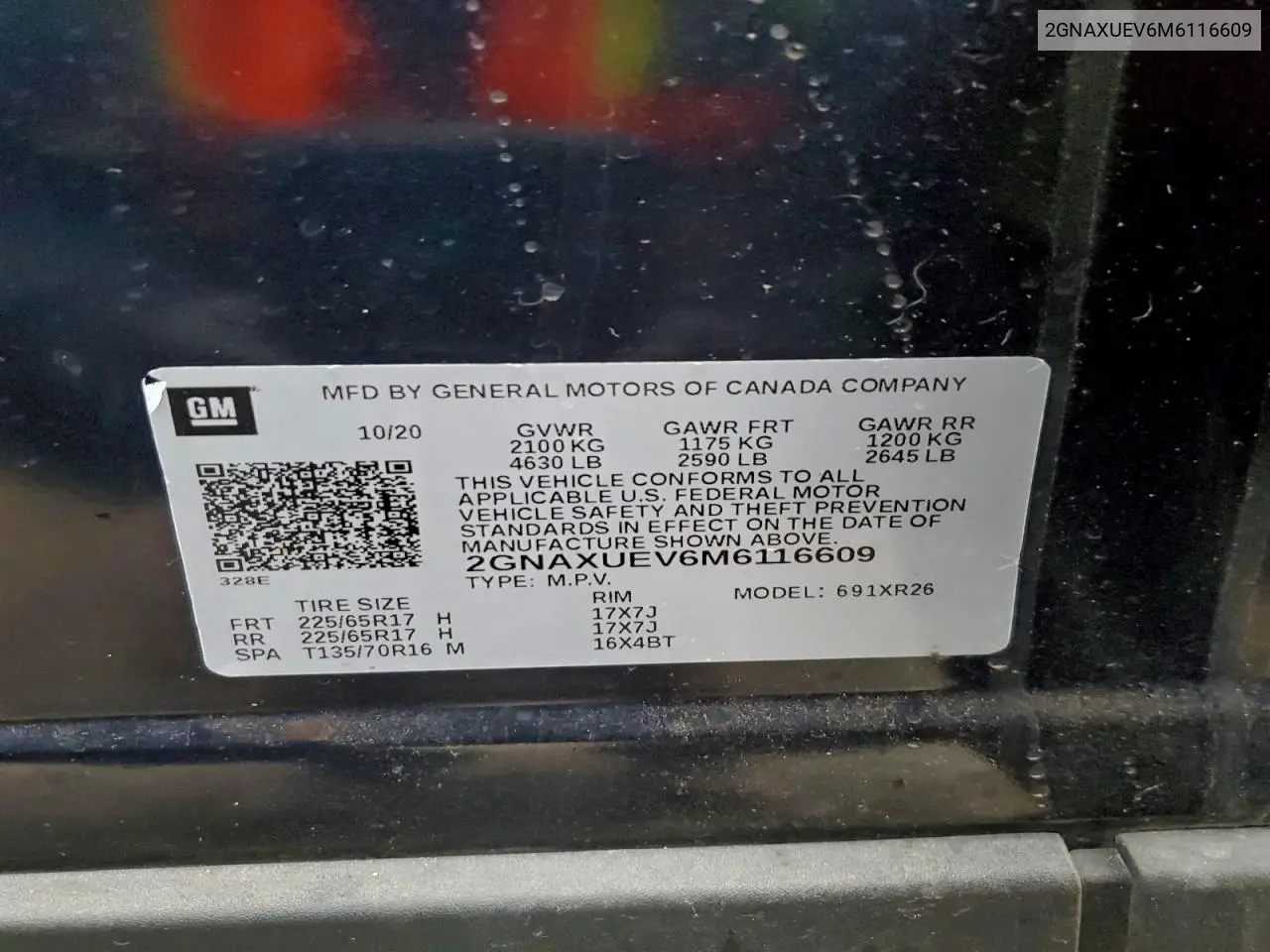 2GNAXUEV6M6116609 2021 Chevrolet Equinox Lt