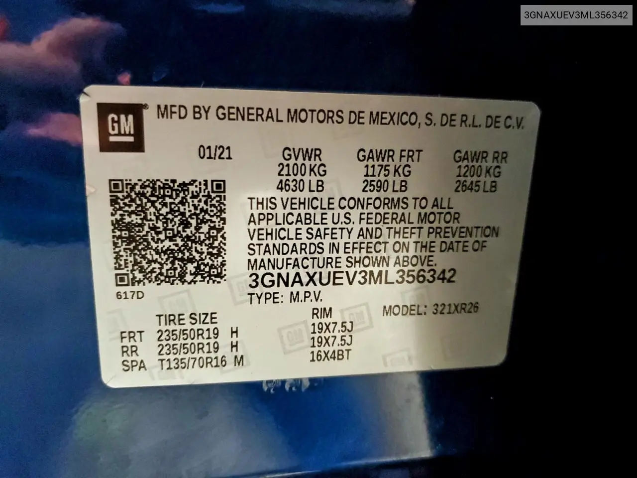 3GNAXUEV3ML356342 2021 Chevrolet Equinox Lt