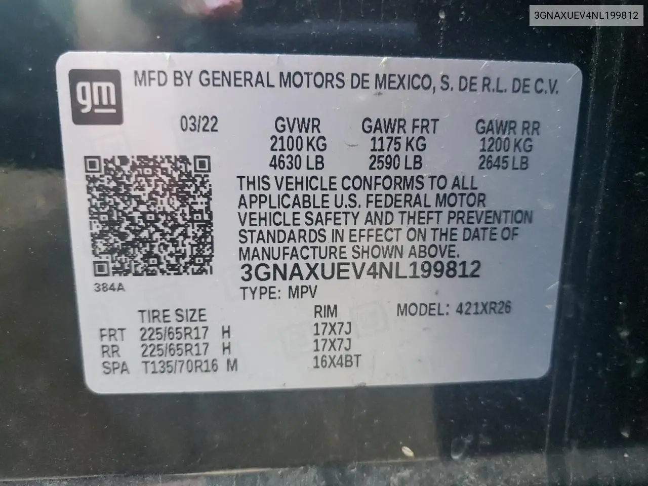 3GNAXUEV4NL199812 2022 Chevrolet Equinox Lt