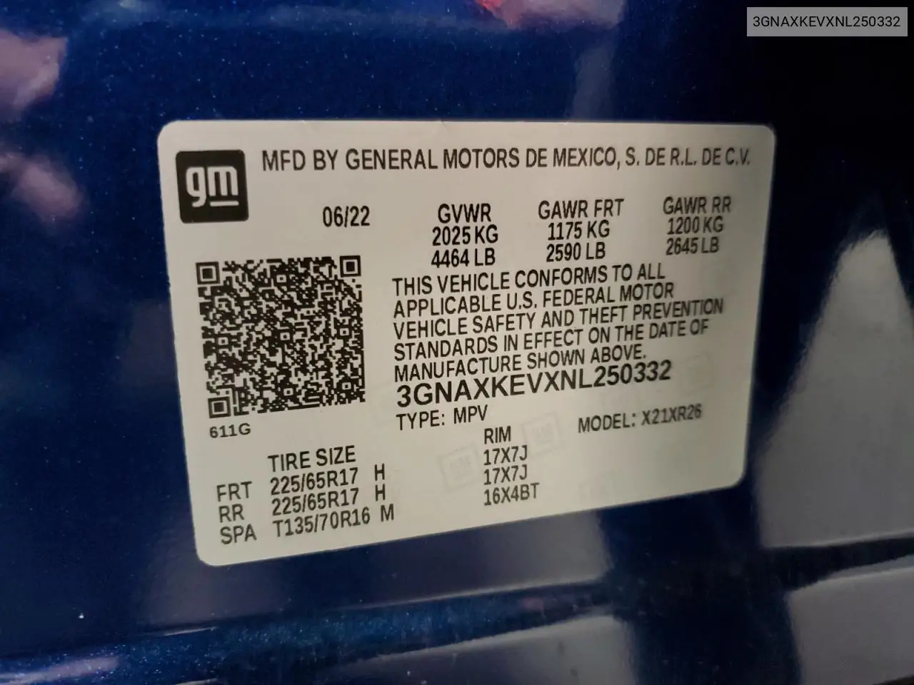 3GNAXKEVXNL250332 2022 Chevrolet Equinox Lt