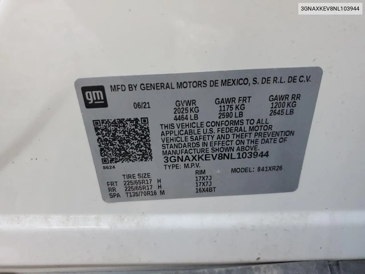 3GNAXKEV8NL103944 2022 Chevrolet Equinox Lt