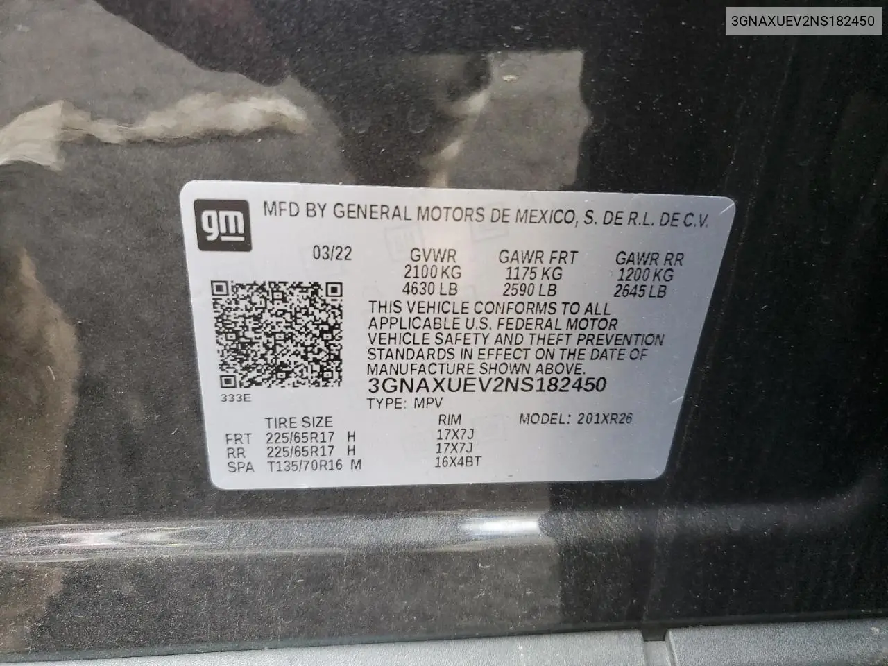 3GNAXUEV2NS182450 2022 Chevrolet Equinox Lt
