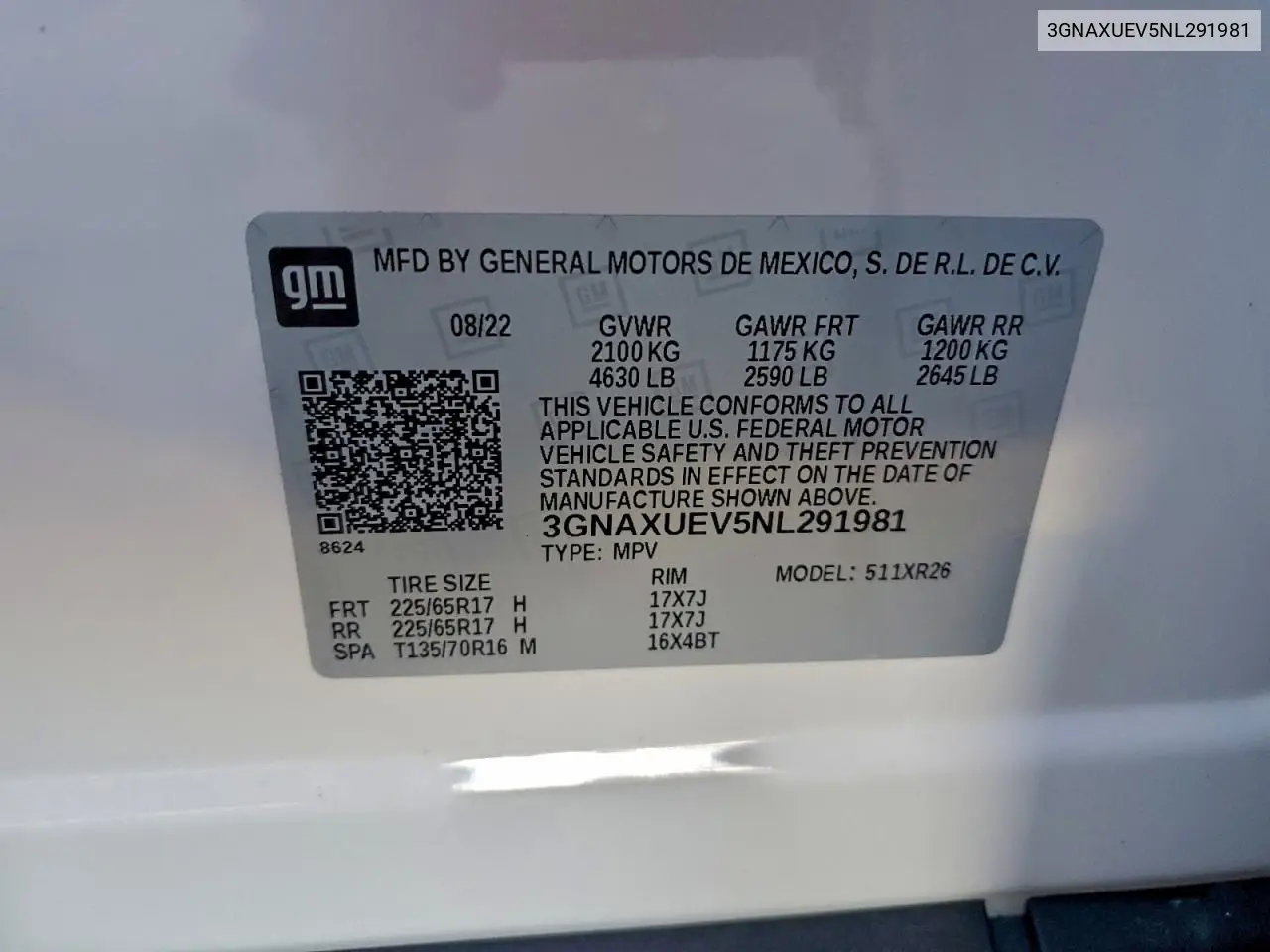 3GNAXUEV5NL291981 2022 Chevrolet Equinox Lt