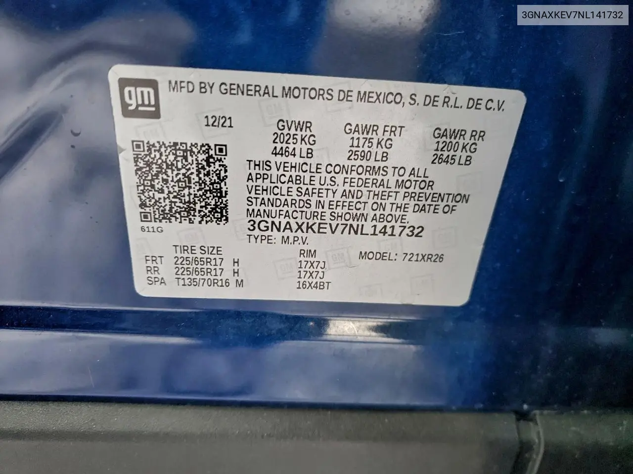 3GNAXKEV7NL141732 2022 Chevrolet Equinox Lt