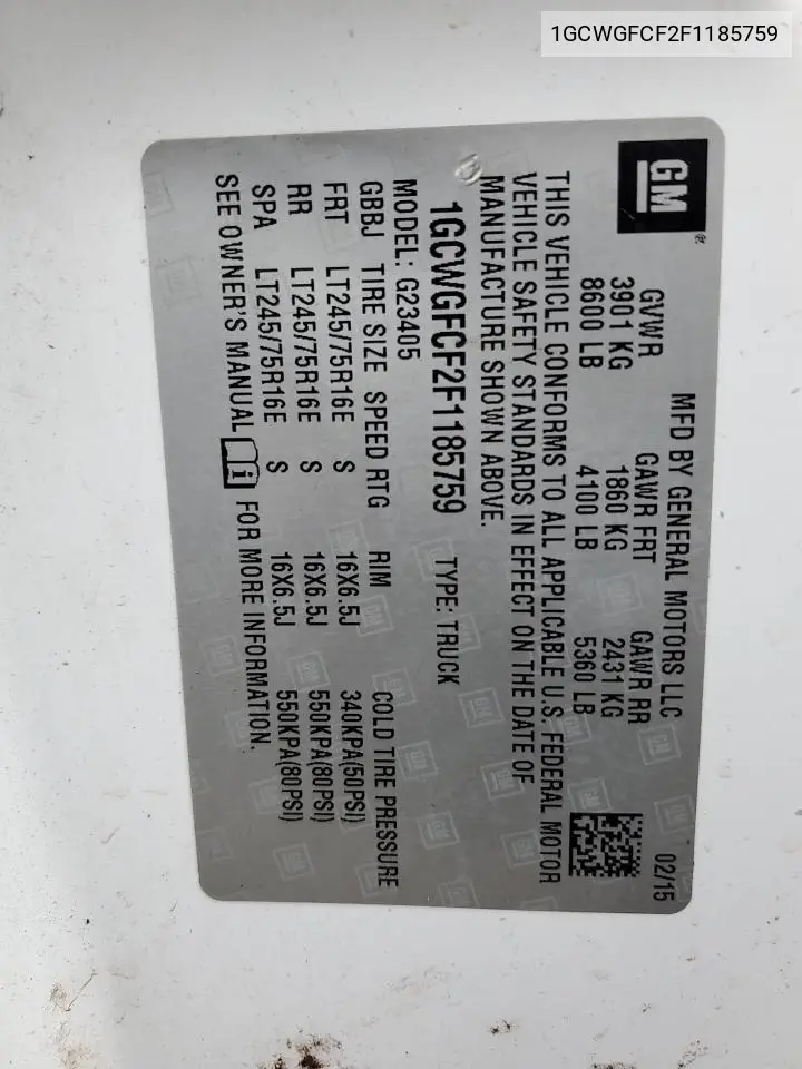 1GCWGFCF2F1185759 2015 Chevrolet Express G2500