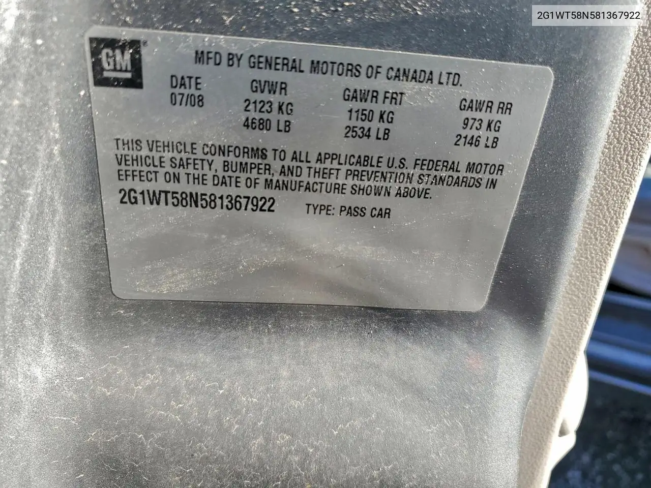 2G1WT58N581367922 2008 Chevrolet Impala Lt
