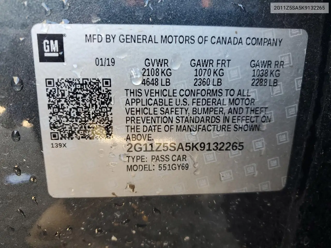 2G11Z5SA5K9132265 2019 Chevrolet Impala Lt
