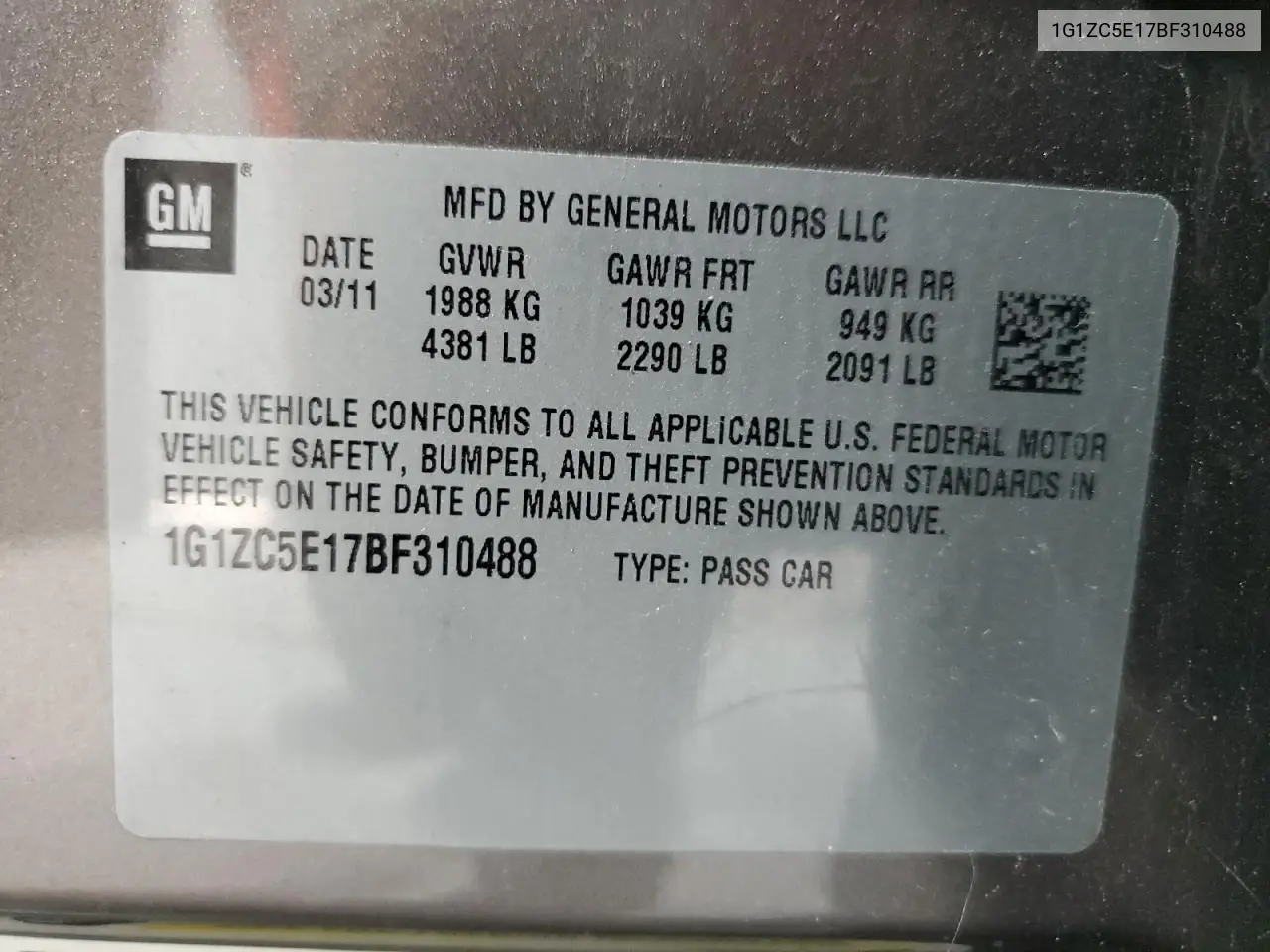 1G1ZC5E17BF310488 2011 Chevrolet Malibu 1Lt