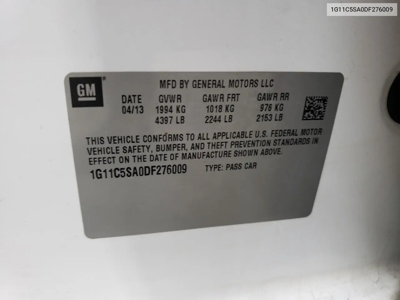 1G11C5SA0DF276009 2013 Chevrolet Malibu 1Lt