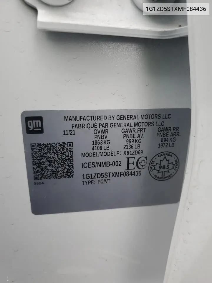 1G1ZD5STXMF084436 2021 Chevrolet Malibu Lt