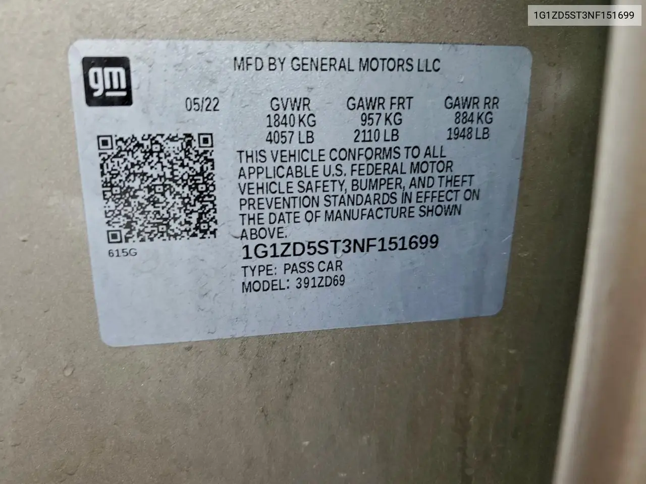 1G1ZD5ST3NF151699 2022 Chevrolet Malibu Lt
