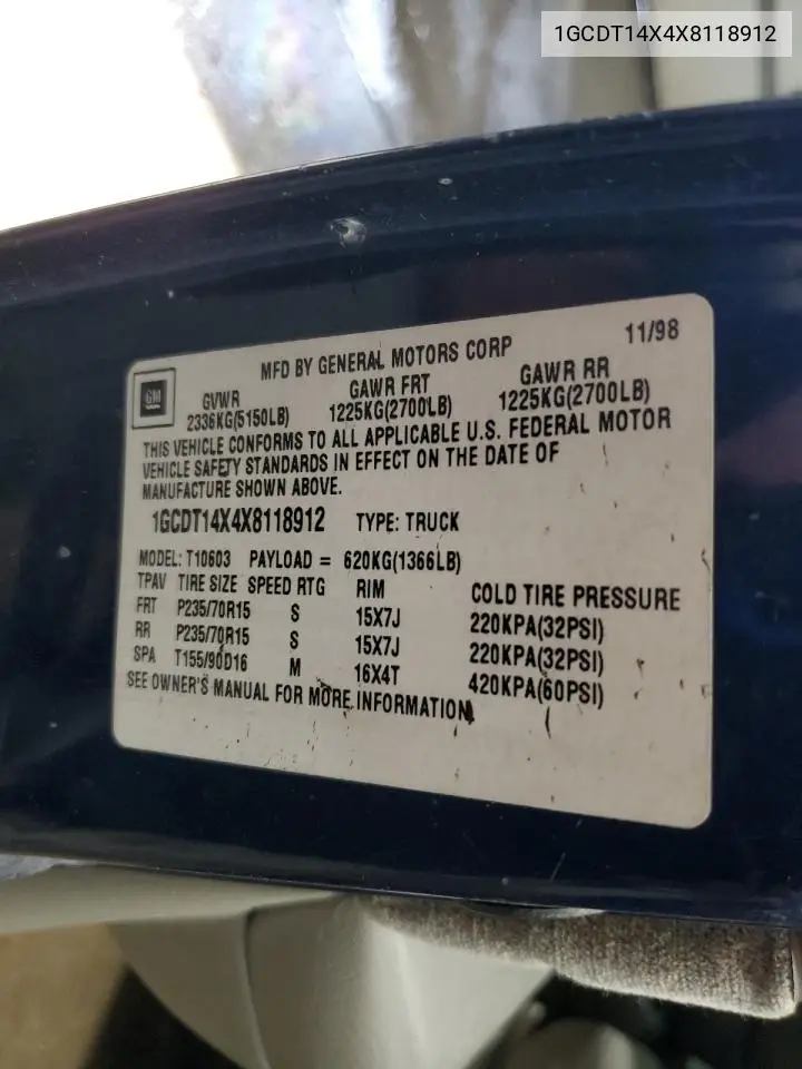 1GCDT14X4X8118912 1999 Chevrolet S Truck S10