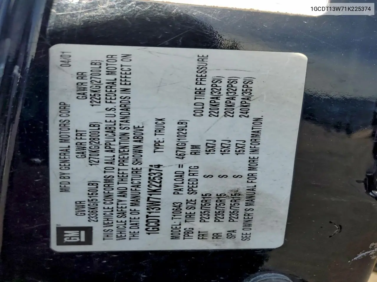1GCDT13W71K225374 2001 Chevrolet S Truck S10