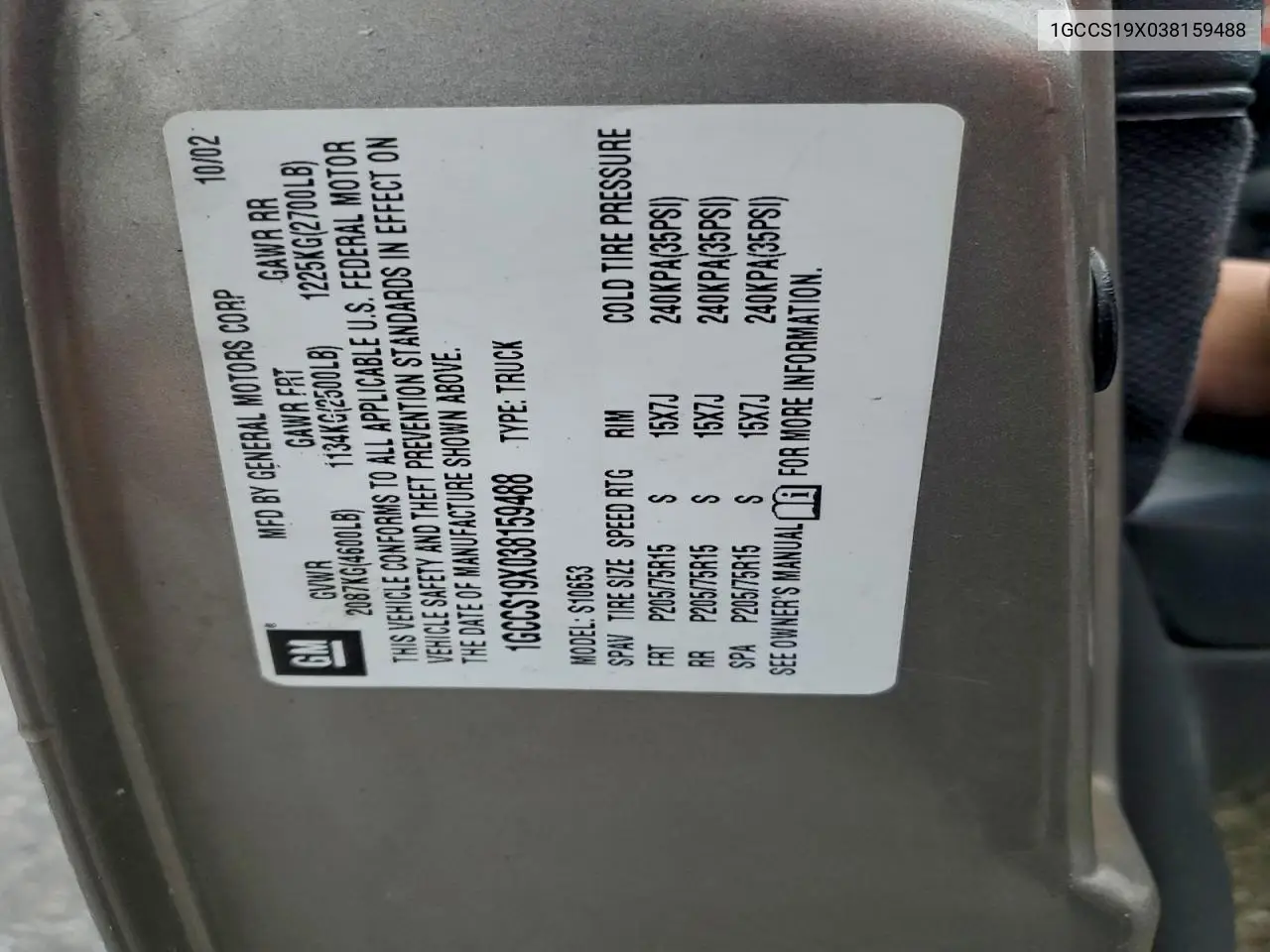 2003 Chevrolet S Truck S10 VIN: 1GCCS19X038159488 Lot: 95573285