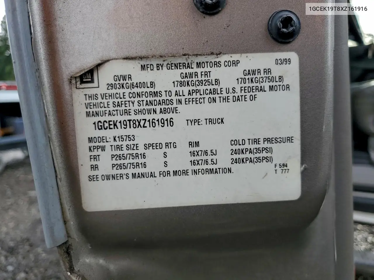 1GCEK19T8XZ161916 1999 Chevrolet Silverado K1500