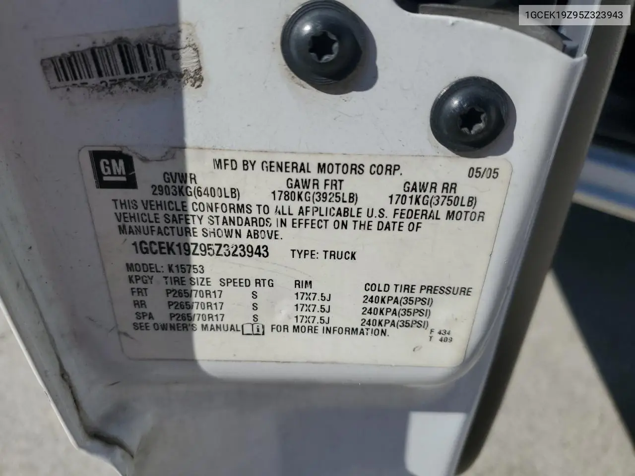 1GCEK19Z95Z323943 2005 Chevrolet Silverado K1500