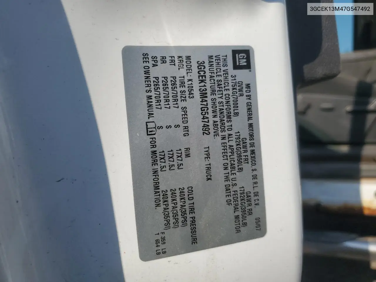 3GCEK13M47G547492 2007 Chevrolet Silverado K1500 Crew Cab
