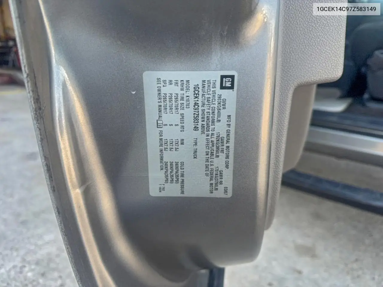1GCEK14C97Z583149 2007 Chevrolet Silverado K1500