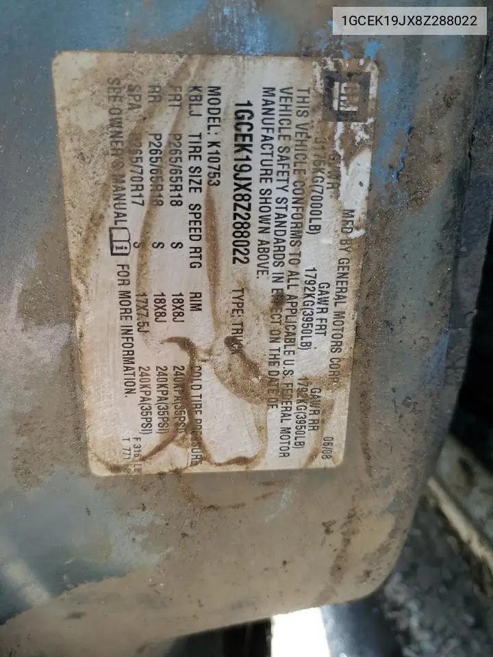1GCEK19JX8Z288022 2008 Chevrolet Silverado K1500