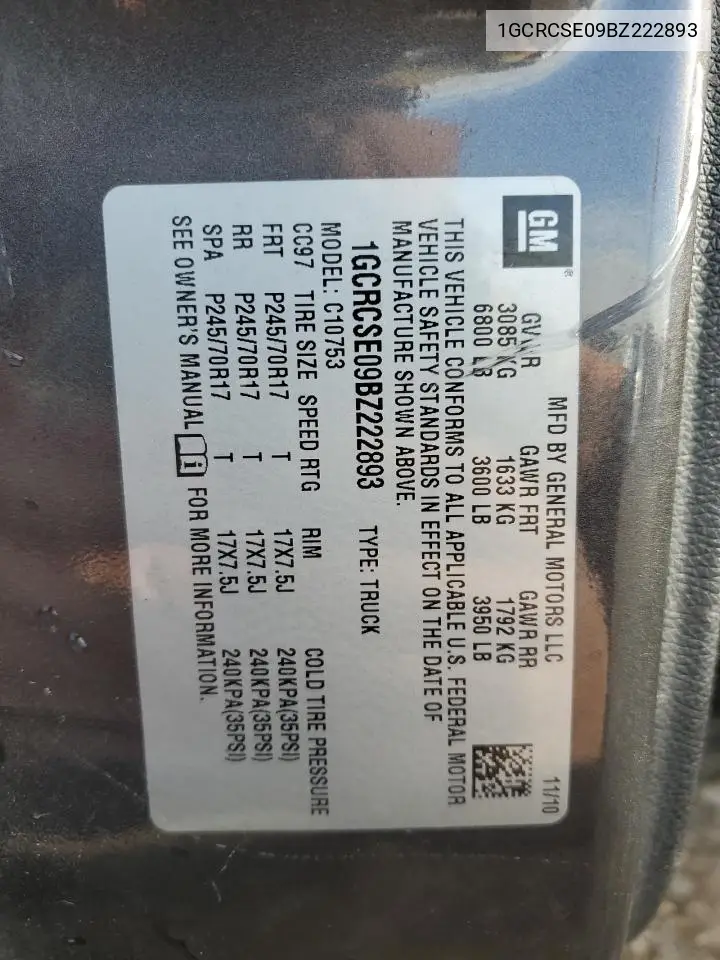 1GCRCSE09BZ222893 2011 Chevrolet Silverado C1500 Lt