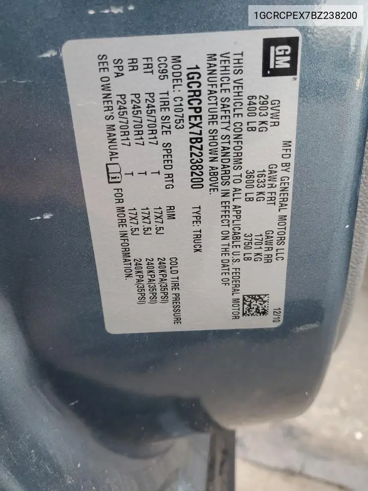 1GCRCPEX7BZ238200 2011 Chevrolet Silverado C1500