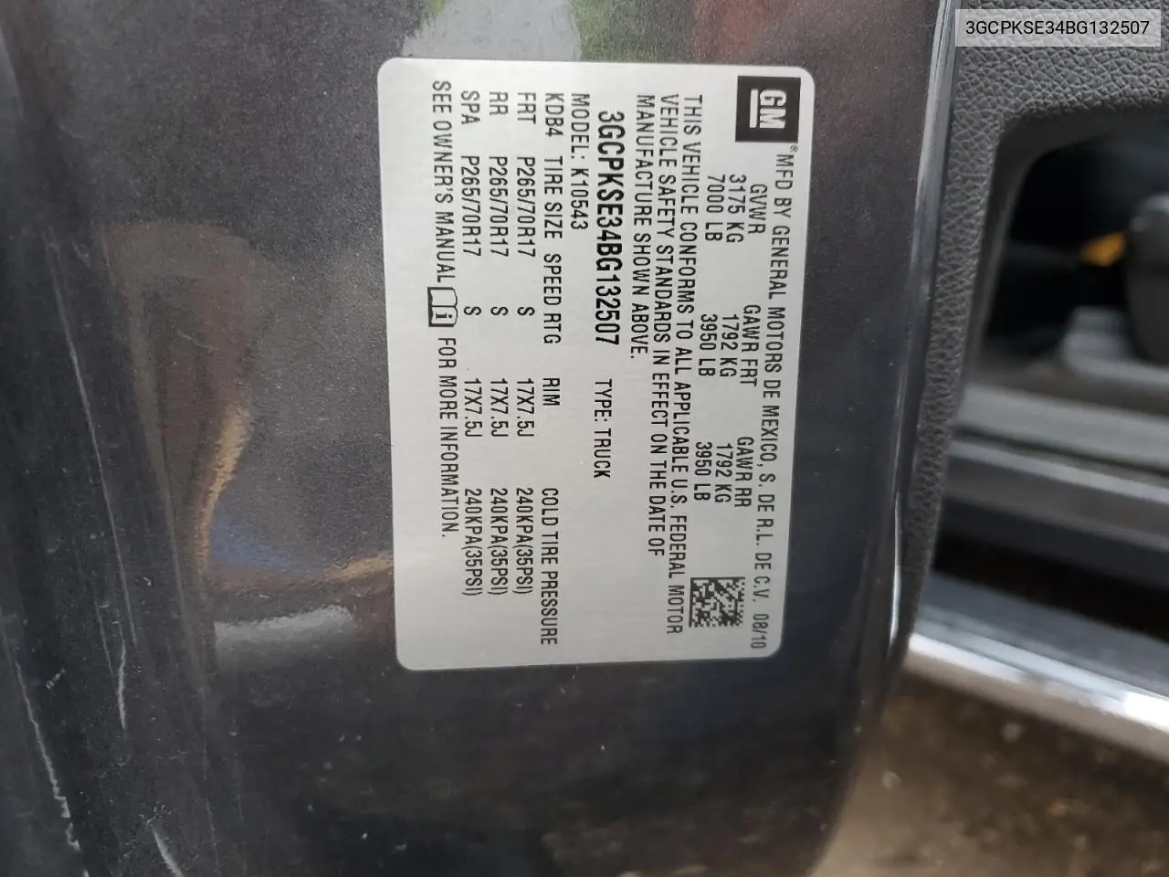 3GCPKSE34BG132507 2011 Chevrolet Silverado K1500 Lt