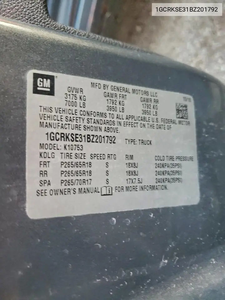 1GCRKSE31BZ201792 2011 Chevrolet Silverado K1500 Lt
