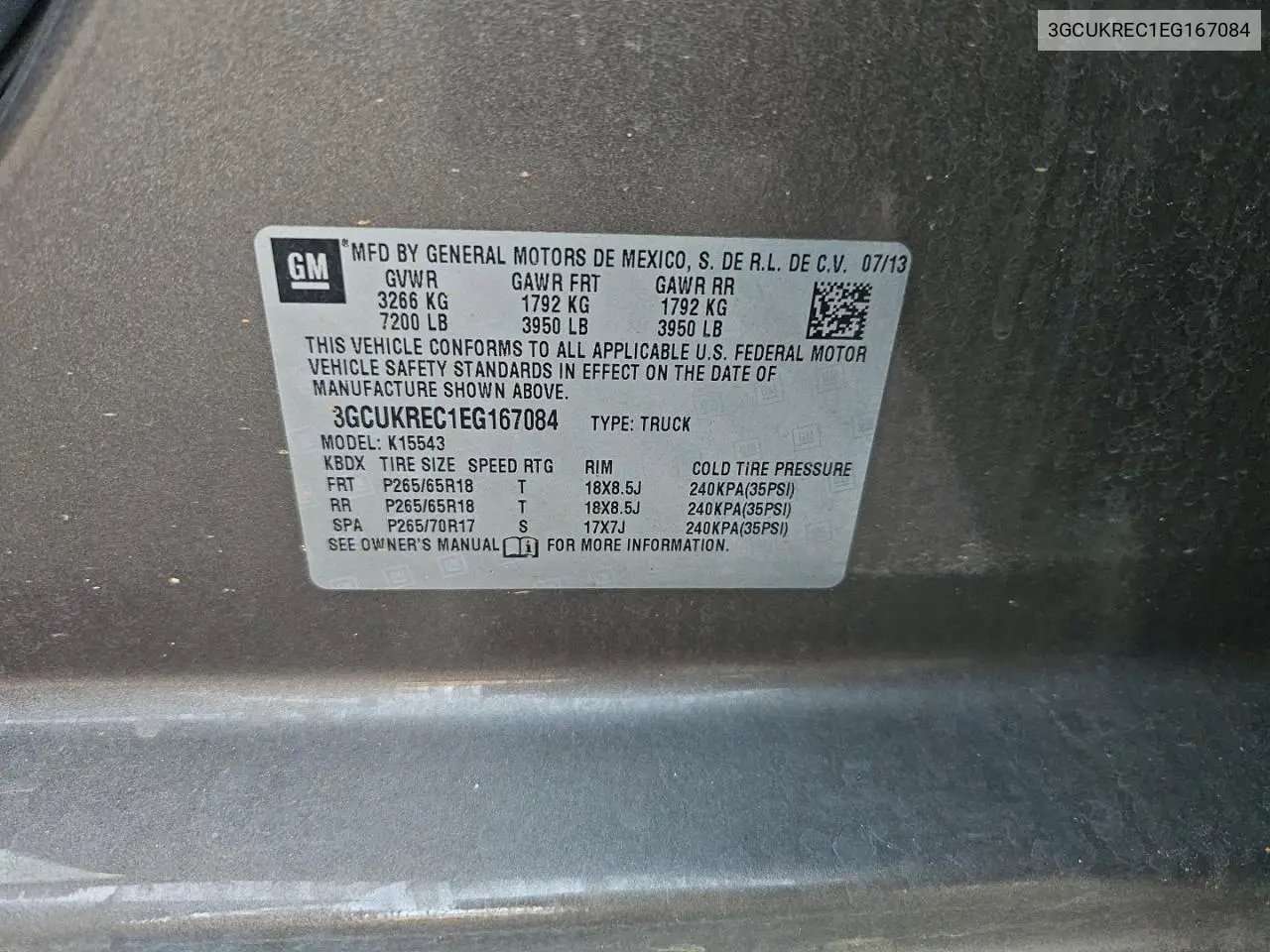 3GCUKREC1EG167084 2014 Chevrolet Silverado K1500 Lt
