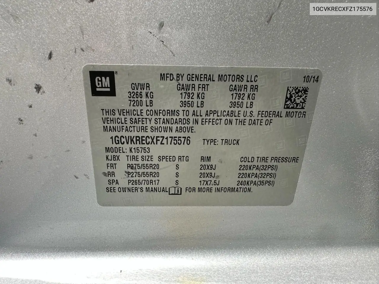 1GCVKRECXFZ175576 2015 Chevrolet Silverado K1500 Lt