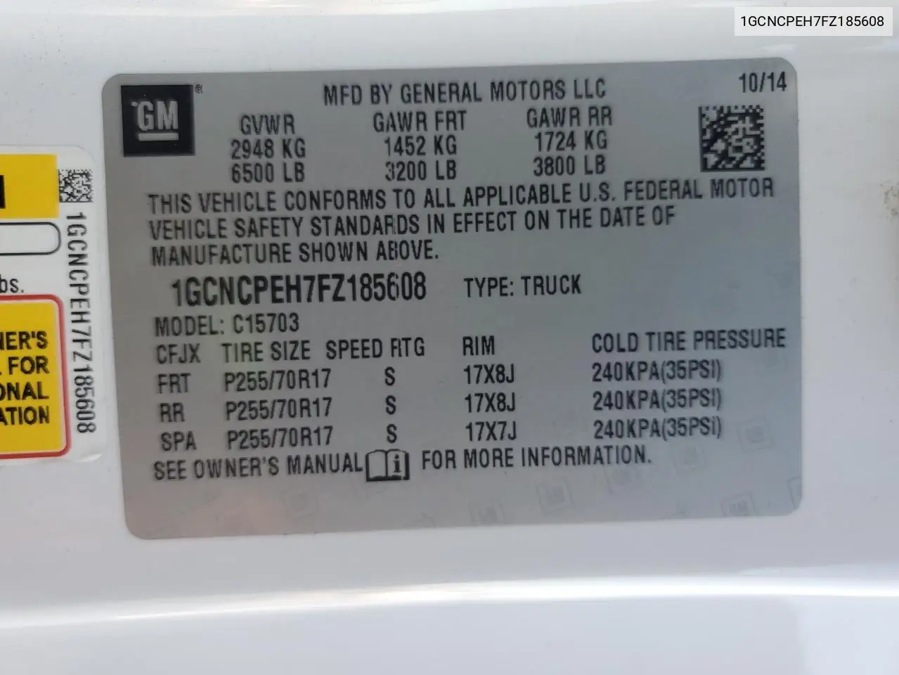 1GCNCPEH7FZ185608 2015 Chevrolet Silverado C1500