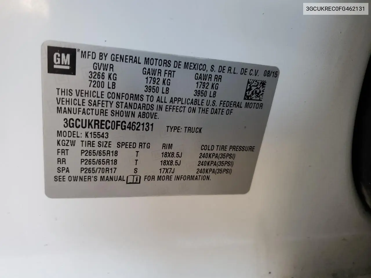 3GCUKREC0FG462131 2015 Chevrolet Silverado K1500 Lt