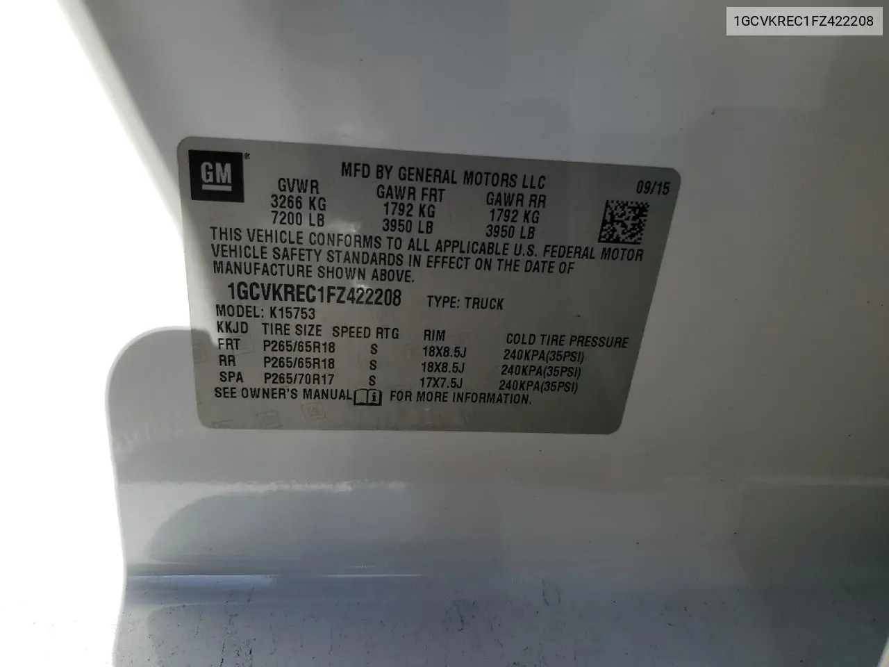 1GCVKREC1FZ422208 2015 Chevrolet Silverado K1500 Lt
