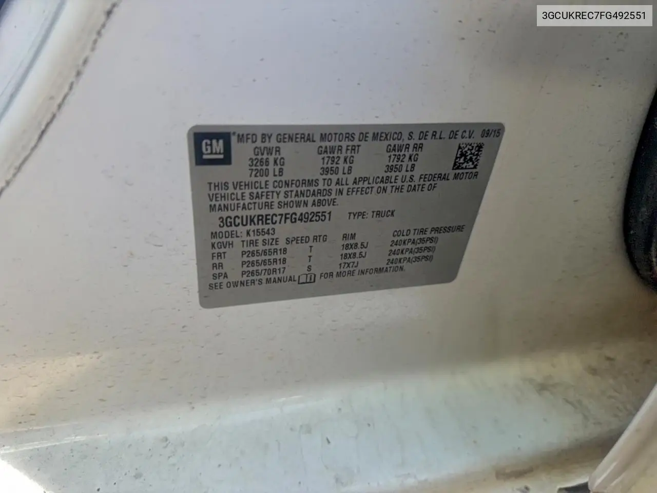 3GCUKREC7FG492551 2015 Chevrolet Silverado K1500 Lt