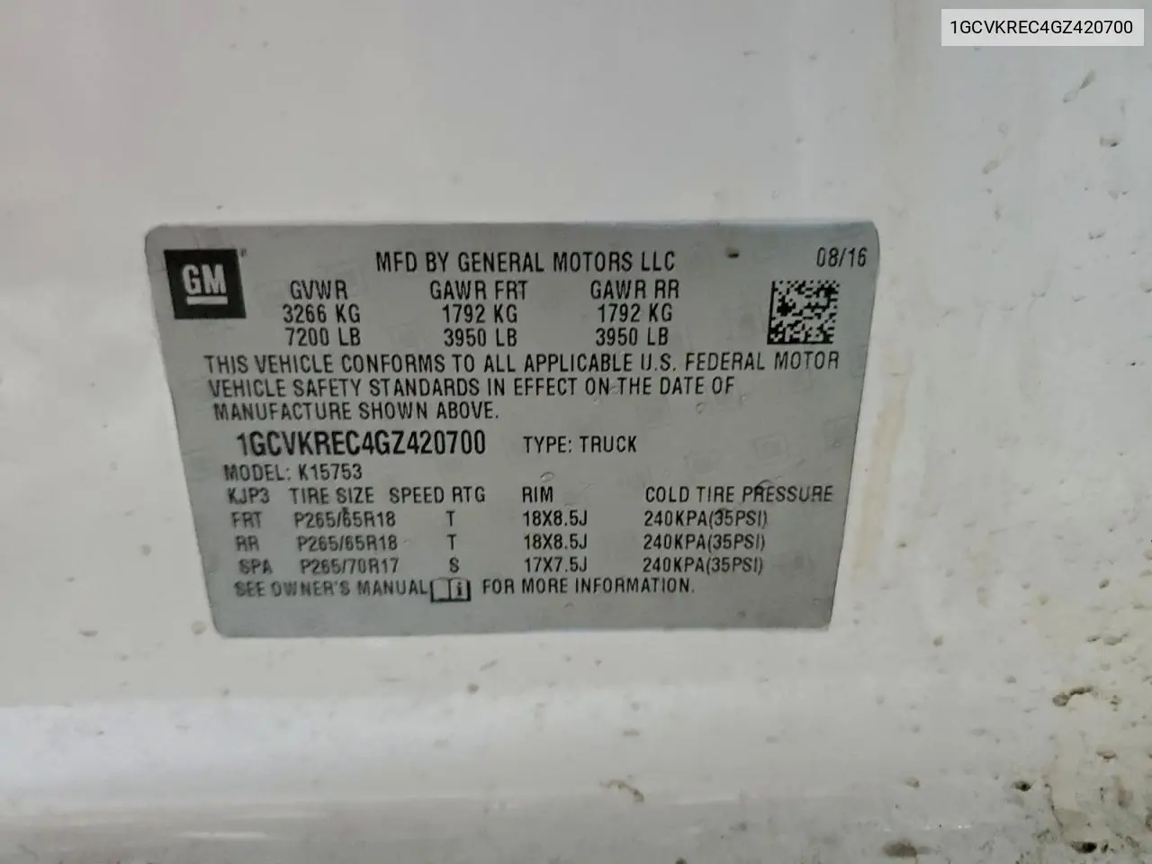 1GCVKREC4GZ420700 2016 Chevrolet Silverado K1500 Lt